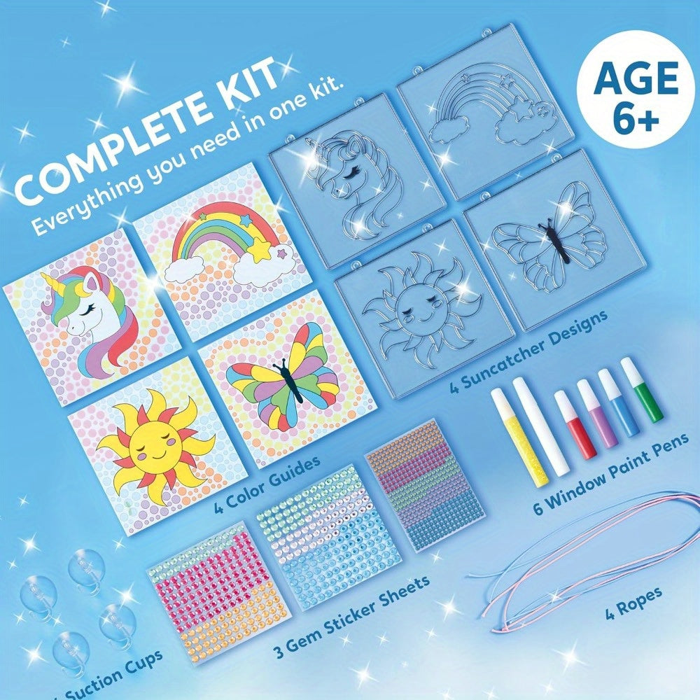2-in-1 Gems and Gels Suncatcher, 4pcs Window Art, 2 Ways to Play Diamond and Gels, Arts & Crafts Toys for Boys Girls, Christmas Birthday Gifts for Youngsters Age 6 and Up