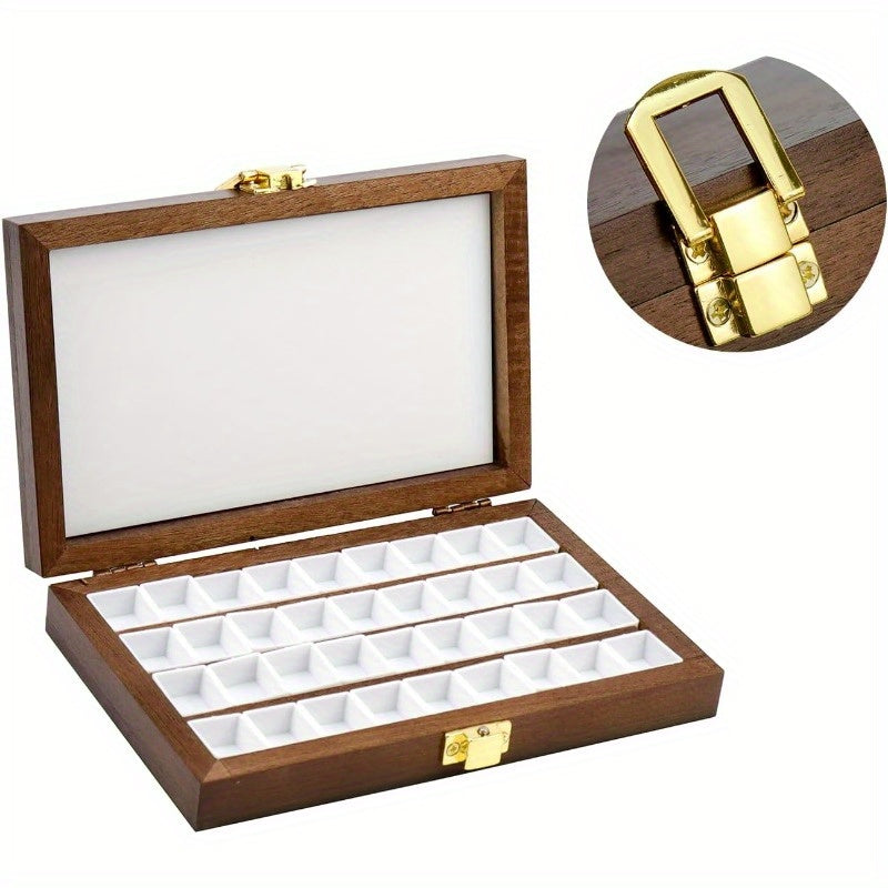 36-Well Wooden Watercolor Paint Palette Box - Portable, Durable Dark Walnut with Golden Accents, 4" x 6" - Ideal for Artists & Hobbyists