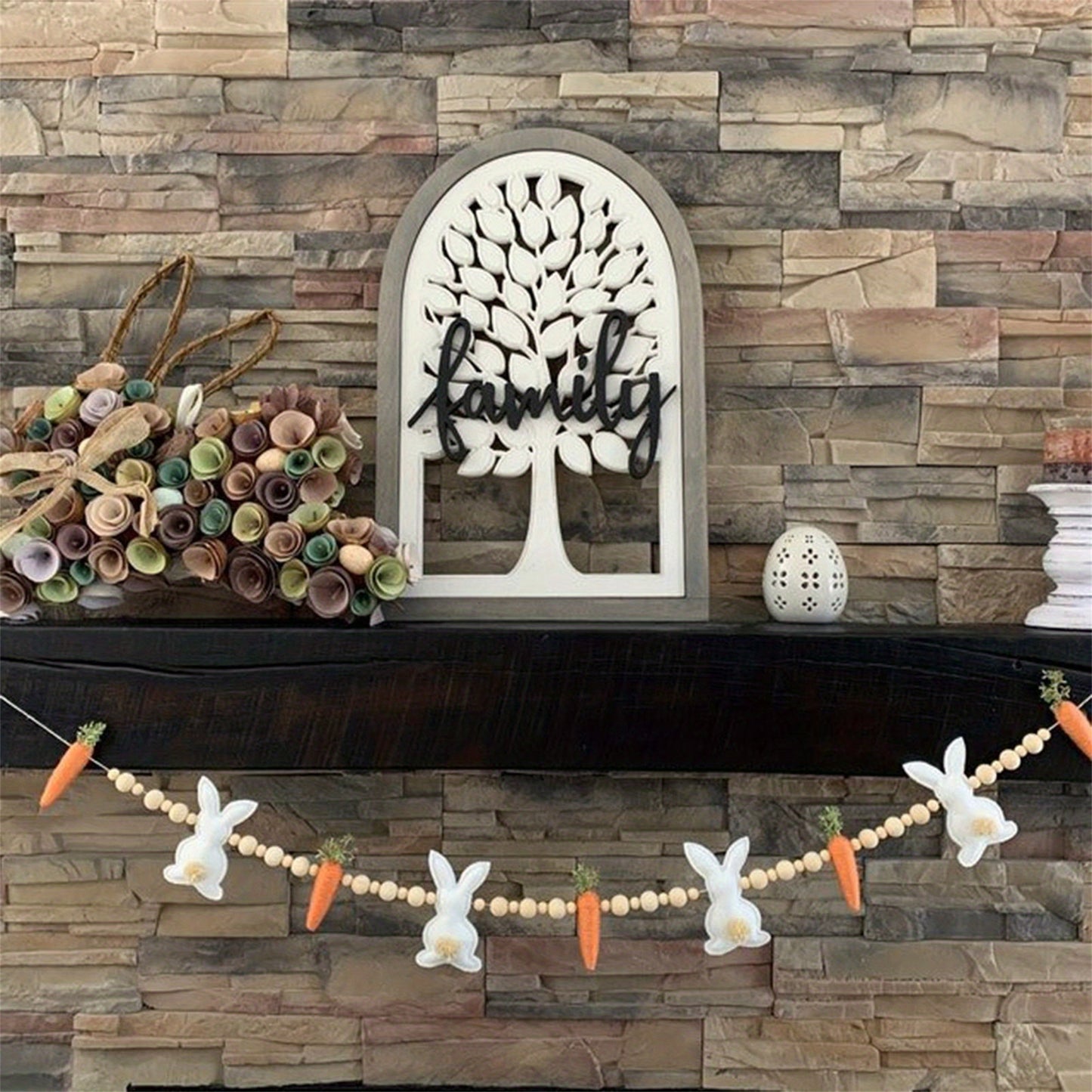 Easter Bunny & Carrot Garland with Wooden Beads – Festive Spring Home Decor, White Rabbit & Carrot Ornaments, No Power Needed, Plastic Material