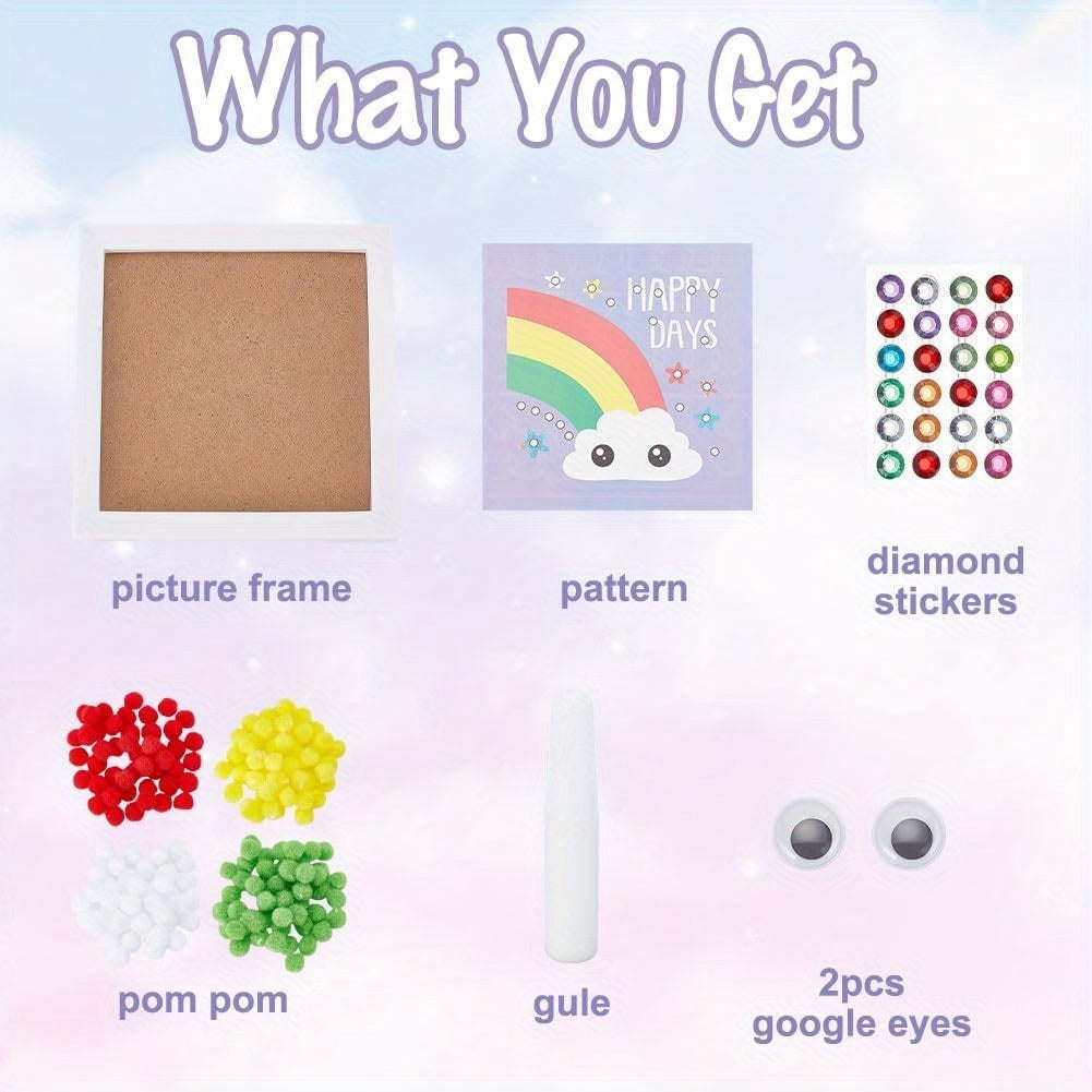 1 set Painting Art Kit Rainbow Painting Sticky Wall Art includes Colorful Pompom Puff Ball Painting Board Tweezers and Glue with Instruction for Holiday Gift DIY