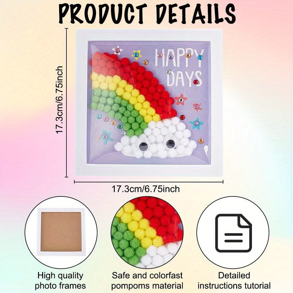 1 set Painting Art Kit Rainbow Painting Sticky Wall Art includes Colorful Pompom Puff Ball Painting Board Tweezers and Glue with Instruction for Holiday Gift DIY
