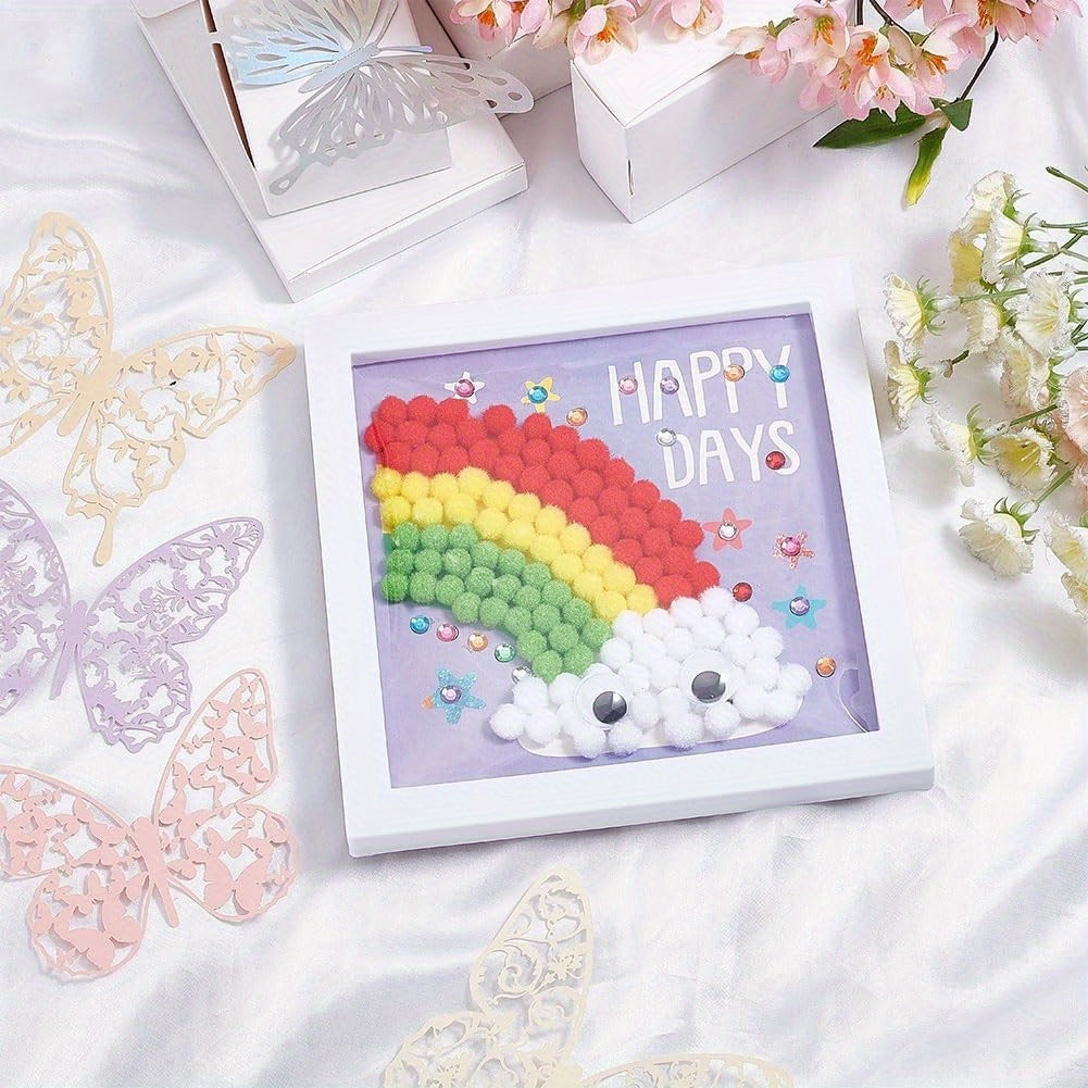 1 set Painting Art Kit Rainbow Painting Sticky Wall Art includes Colorful Pompom Puff Ball Painting Board Tweezers and Glue with Instruction for Holiday Gift DIY