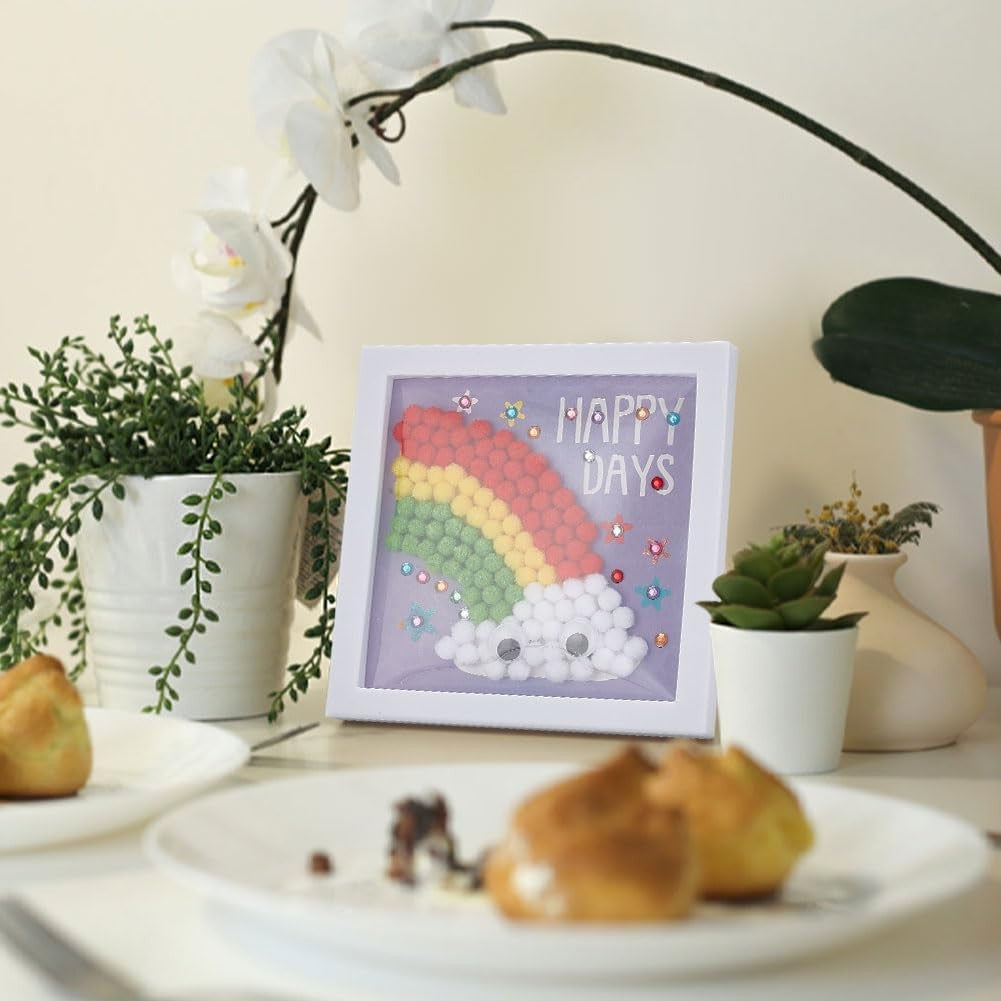 1 set Painting Art Kit Rainbow Painting Sticky Wall Art includes Colorful Pompom Puff Ball Painting Board Tweezers and Glue with Instruction for Holiday Gift DIY