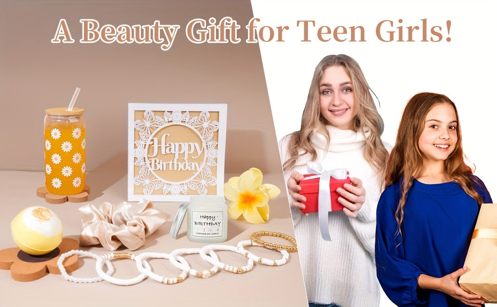 Birthday Gifts For Women, Teen Girl Gifts, Birthday Gifts For Her, Happy Birthday Gift Box For Girl, Women, Sister, Daughter, Best Friend, Friendship, Cute Daisy Glass Cup Gifts Set 8pcs, 16oz, Beige