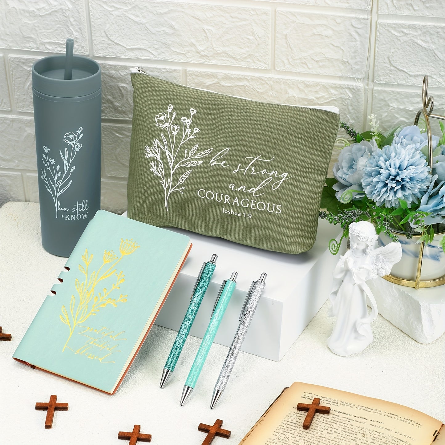 6pcs Christian Gift for Women Includes Bible Religious Notebook And Pens Set Be Still And Know Tumbler Be Strong And Courageous Makeup Bag Scripture Faith Gift for Women