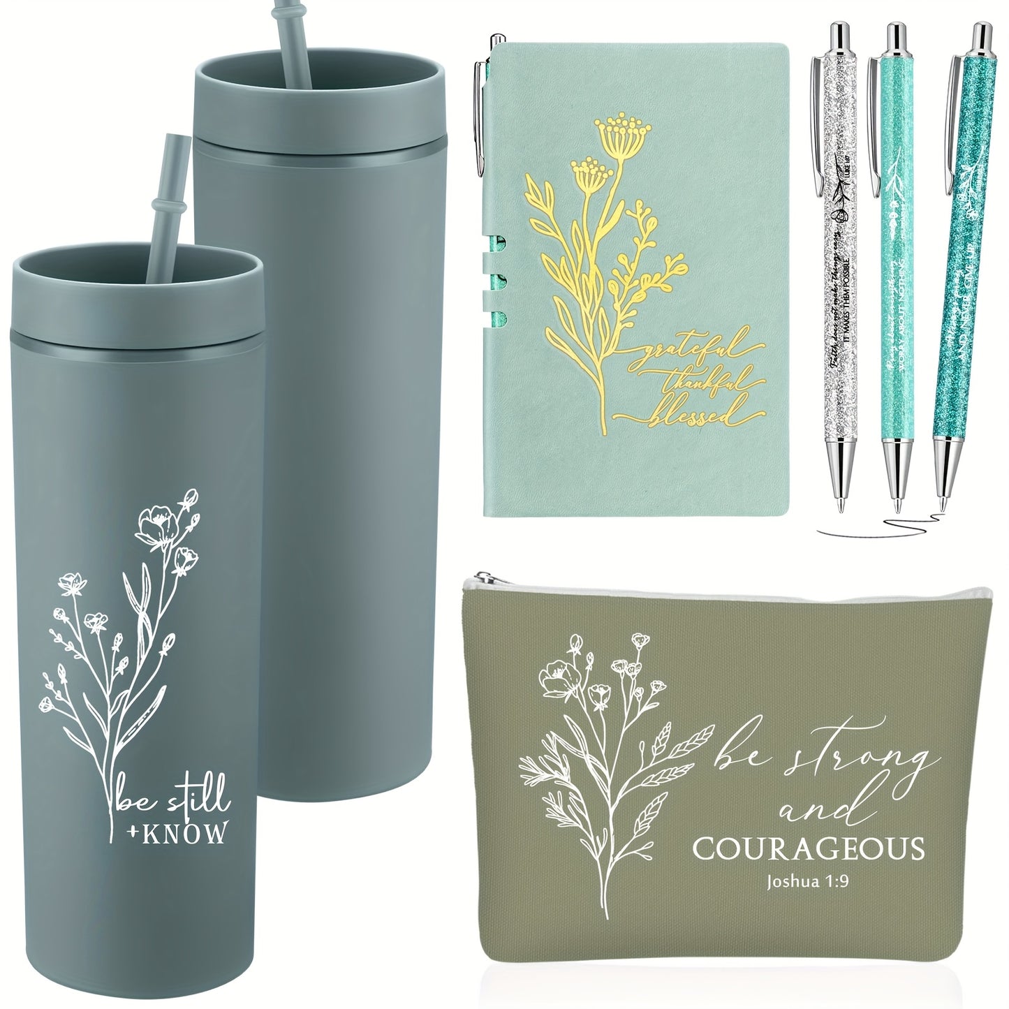 6pcs Christian Gift for Women Includes Bible Religious Notebook And Pens Set Be Still And Know Tumbler Be Strong And Courageous Makeup Bag Scripture Faith Gift for Women
