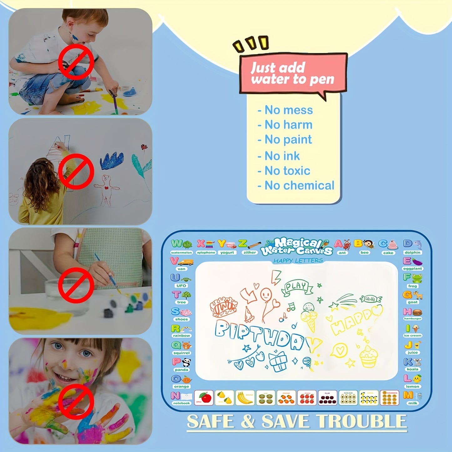 Children's Water Drawing Mat Set - Mess-Free, Safe, Reusable Drawing Board with 3 Pens, Stamps, Roller, Shape Templates - Perfect Gift for Kids, Portable Fun for Travel
