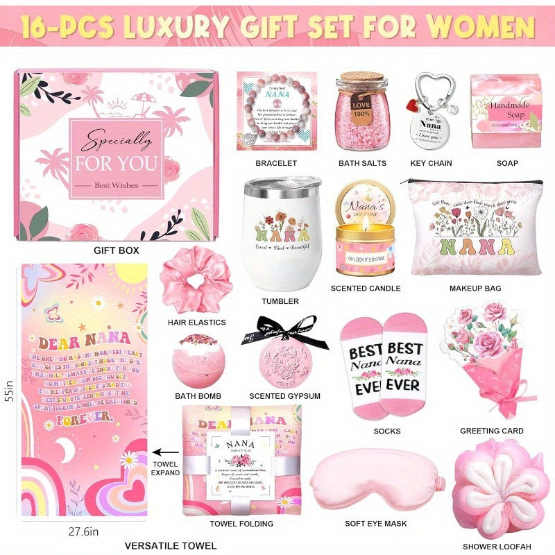 Gifts for Nana Mothers Day Basket Gifts for Nana 16pcs Birthday Gifts Basket from Granddaughter Grandchildren Grandkids New Grandma Gifts Grandmother Gigi Care PackagePink