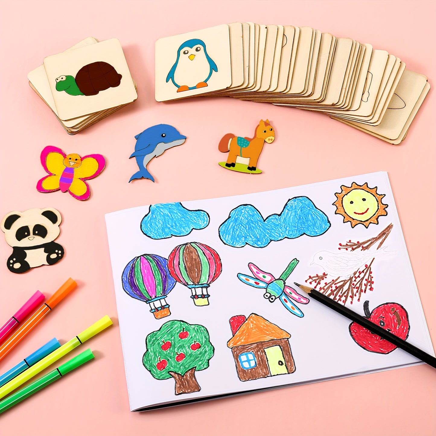 Easter Gifts 60pcs Wooden Drawing Stencils Kit, Drawing Board Toys Coloring Puzzle Arts Crafts Set, Educational Toys Christmas Gift