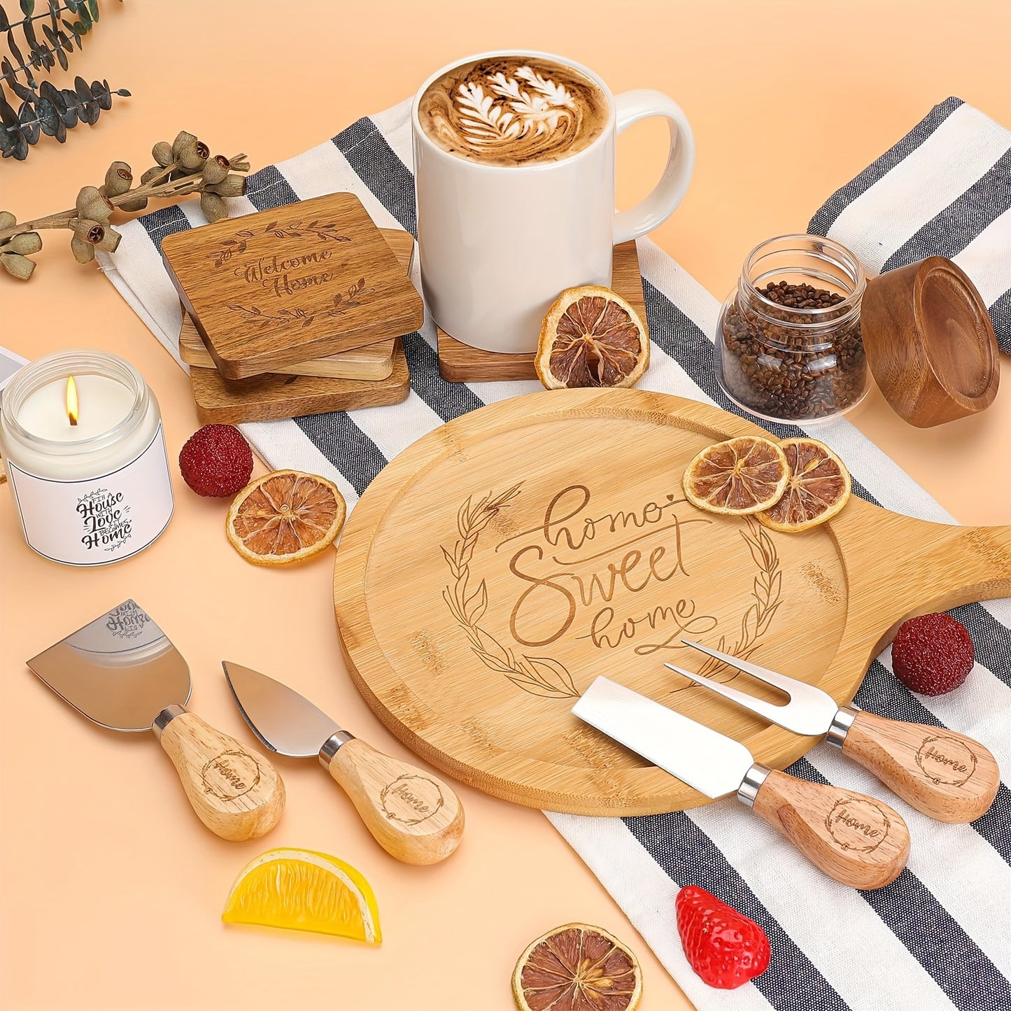 House Warming Gifts New Home, Housewarming Gifts for New House, Housewarming Gift Baskets for Couple, New Home Gifts for Home, Home Sweet Home Bamboo Serving Board Coasters for New Home Couple Women Men