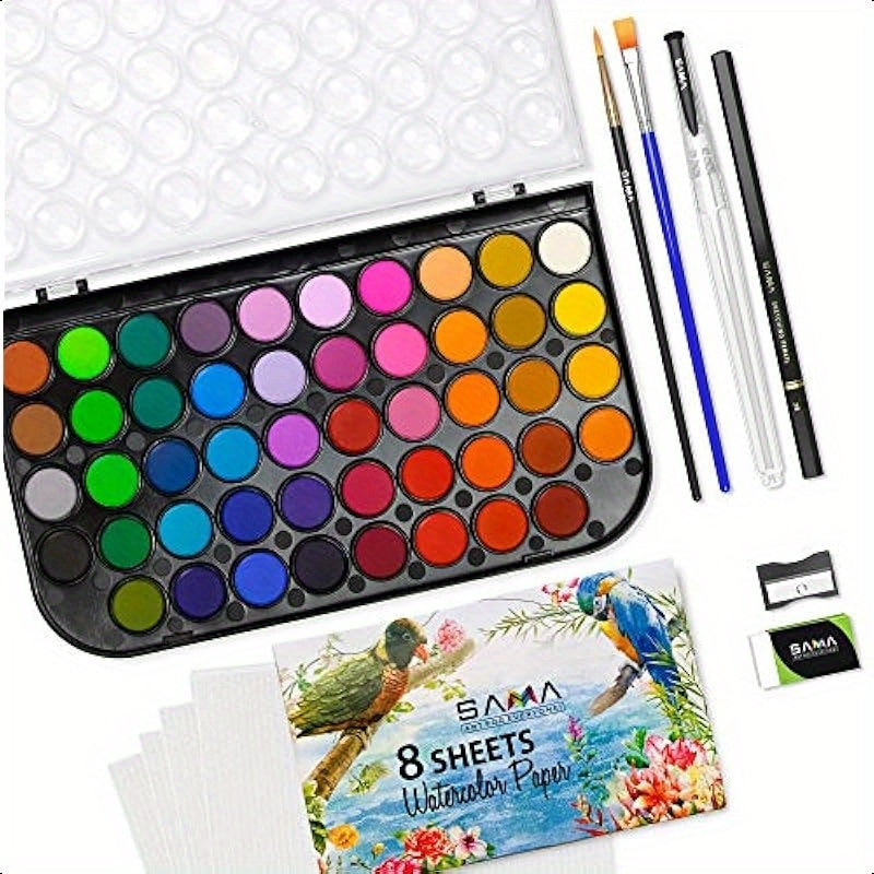 48color Watercolor Paint Set with Brushes Refillable Brush Watercolor Papers Pencil and Removable Mixing Tray Easy Blending and Washable