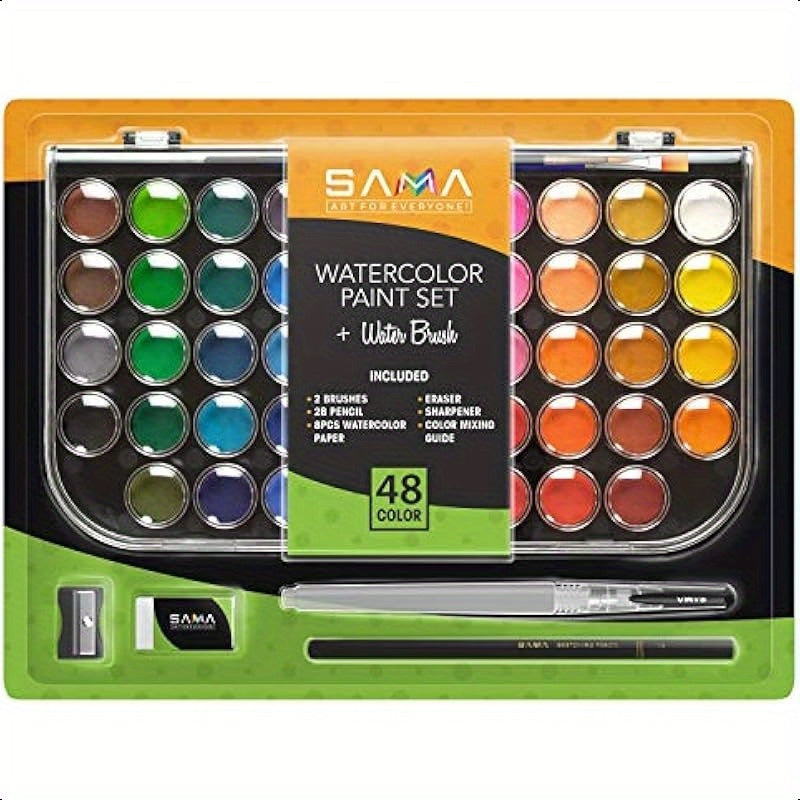 48color Watercolor Paint Set with Brushes Refillable Brush Watercolor Papers Pencil and Removable Mixing Tray Easy Blending and Washable