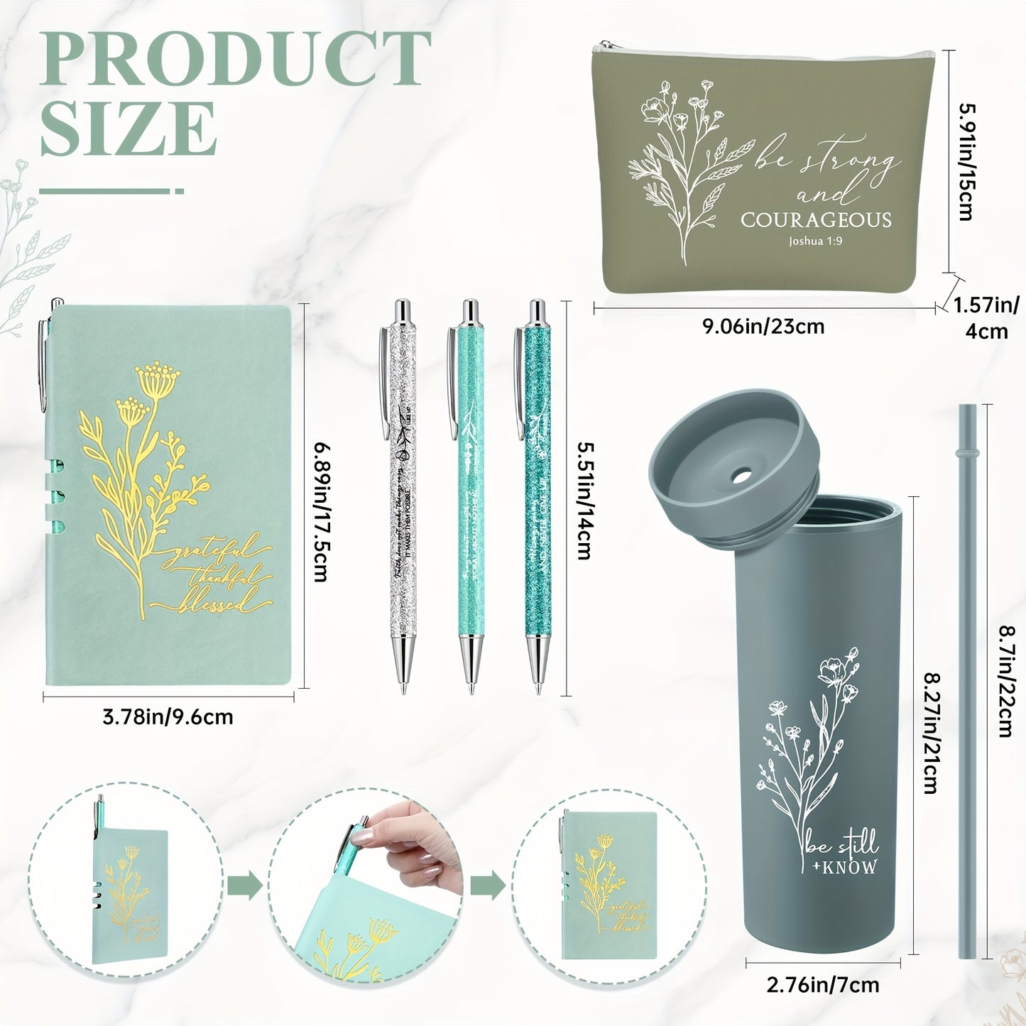 6pcs Christian Gift for Women Includes Bible Religious Notebook And Pens Set Be Still And Know Tumbler Be Strong And Courageous Makeup Bag Scripture Faith Gift for Women