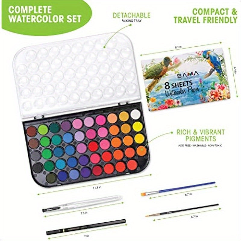 48color Watercolor Paint Set with Brushes Refillable Brush Watercolor Papers Pencil and Removable Mixing Tray Easy Blending and Washable