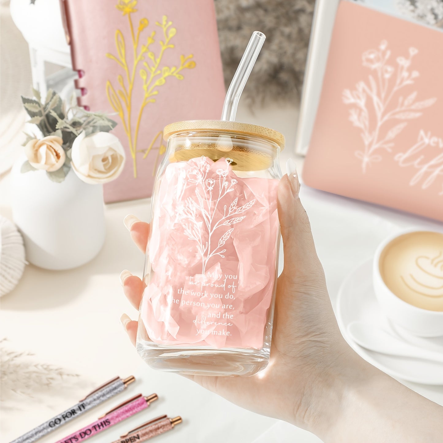 6pcs Employee Appreciation Gift Set for Women Thank You Gift May You Be Proud 17oz Aesthetic Glass Tumbler Makeup Bag Journal Ballpoint for Teacher Nurse Lady Business