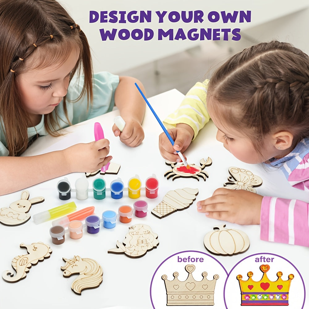 Wooden Magnets Painting Kit - Glow In The Dark - Arts & Crafts Supplies Painting Kit For Kids 6-8 8-12 Family Crafts And Birthday Christmas Activities, Party Favors For Boys Girls Ages 4 5 6 7 8 9