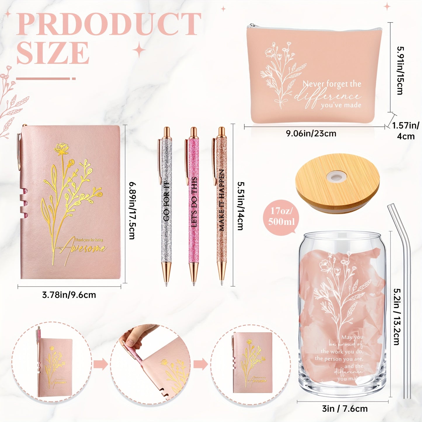 6pcs Employee Appreciation Gift Set for Women Thank You Gift May You Be Proud 17oz Aesthetic Glass Tumbler Makeup Bag Journal Ballpoint for Teacher Nurse Lady Business