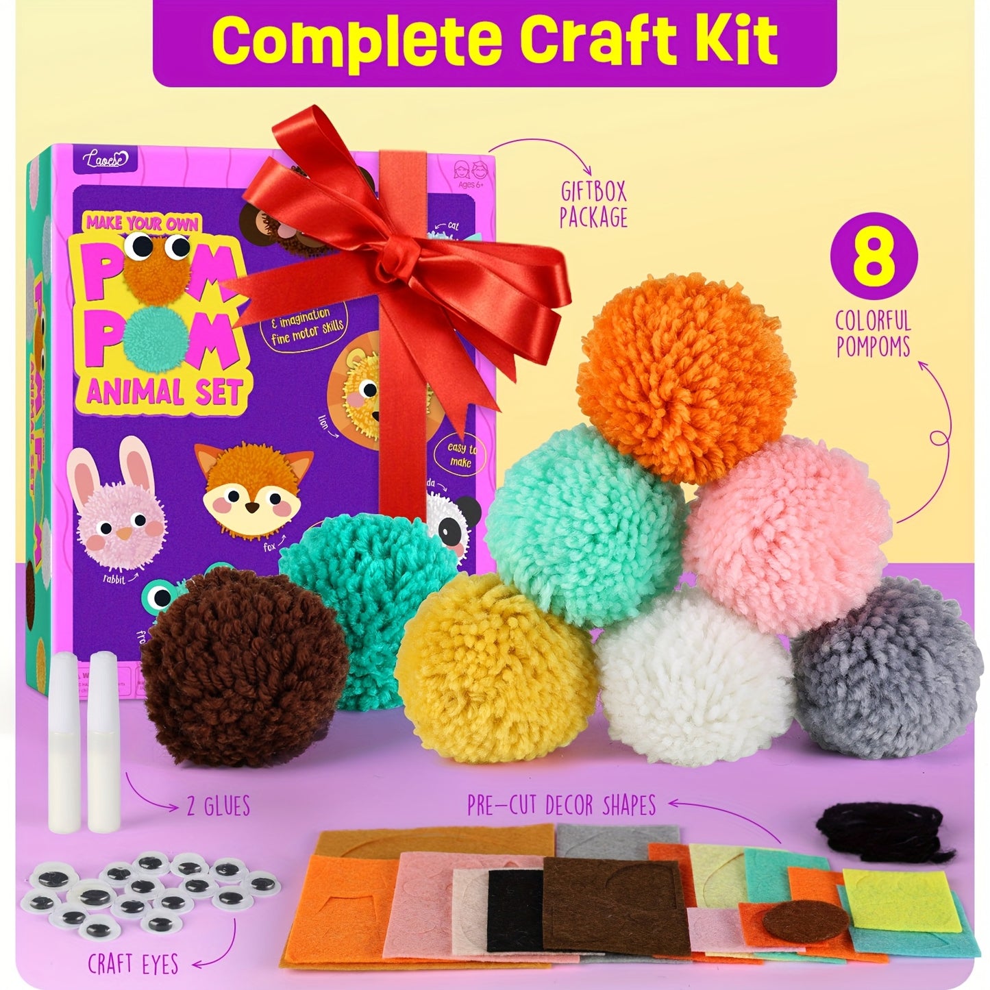 DIY Pom Pom Craft Kit Animal Art And Craft Project Plush Crafts for Kids Boys And Girls Ages 6 7 8 9 Toddler Art Activity Gift
