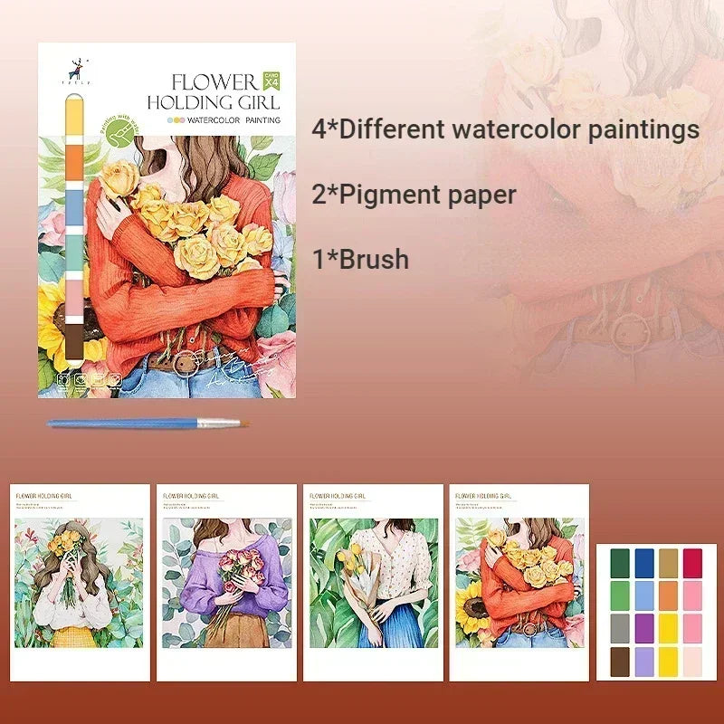 Portable Watercolor Painting Book 4 Sheets Coloring Book with Paint Brush Gouache Book Kids Graffiti Picture Drawing Stationery