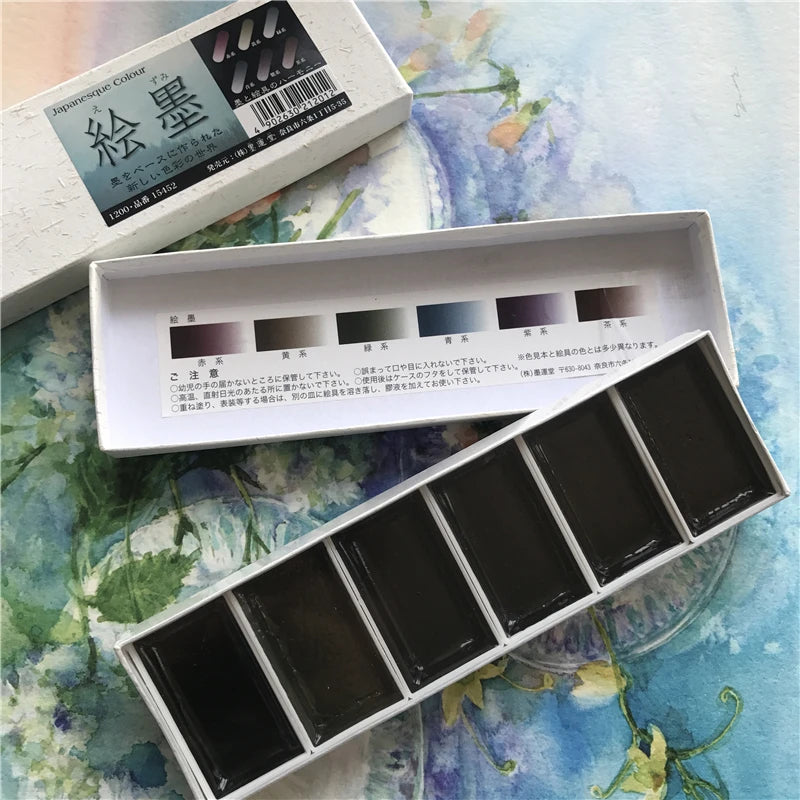 Japan Boku-Undo E-Sumi Pearl Mineral Watercolor Paint 6 Colors Set Painting Nail Watercolor Paint Brush Art Drawing Supplies