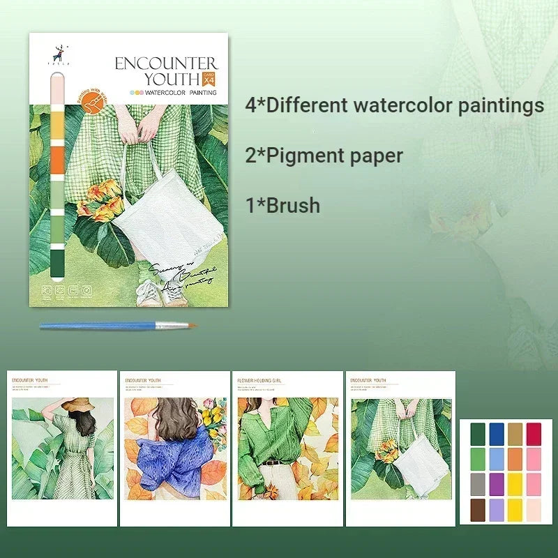 Portable Watercolor Painting Book 4 Sheets Coloring Book with Paint Brush Gouache Book Kids Graffiti Picture Drawing Stationery