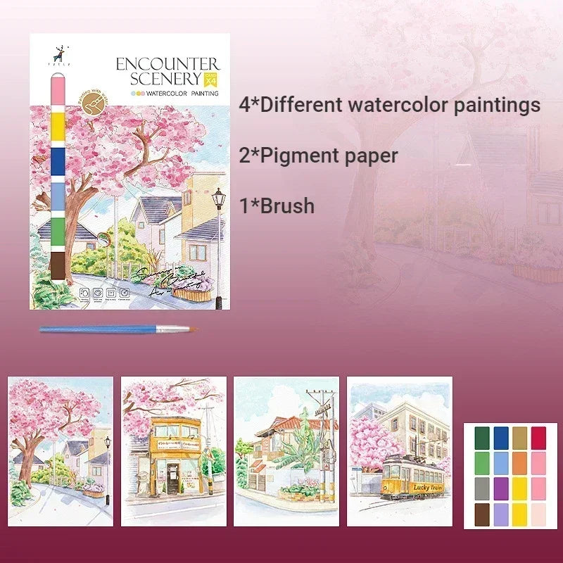 Portable Watercolor Painting Book 4 Sheets Coloring Book with Paint Brush Gouache Book Kids Graffiti Picture Drawing Stationery