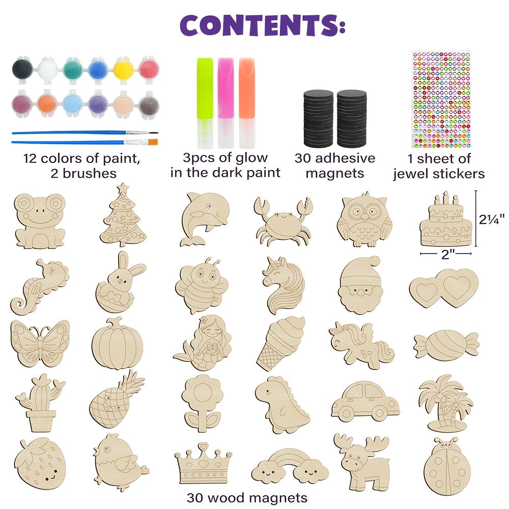 Wooden Magnets Painting Kit - Glow In The Dark - Arts & Crafts Supplies Painting Kit For Kids 6-8 8-12 Family Crafts And Birthday Christmas Activities, Party Favors For Boys Girls Ages 4 5 6 7 8 9