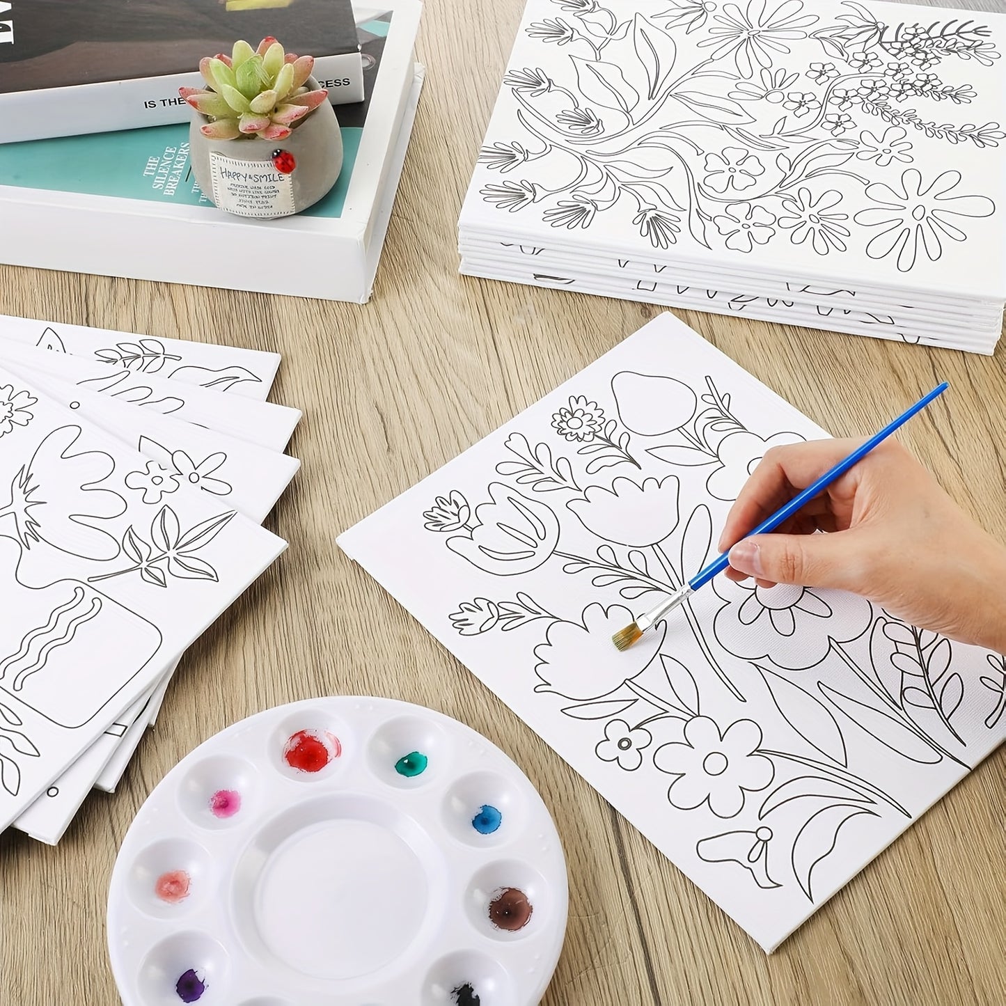 20pcs Stretched Pre Drawn Canvas Afro Queen Black Art for Painting for Adults Outline Pre Drawn Stretched Cotton Canvas to Paint Party Set, 8 X 10''(Floral)