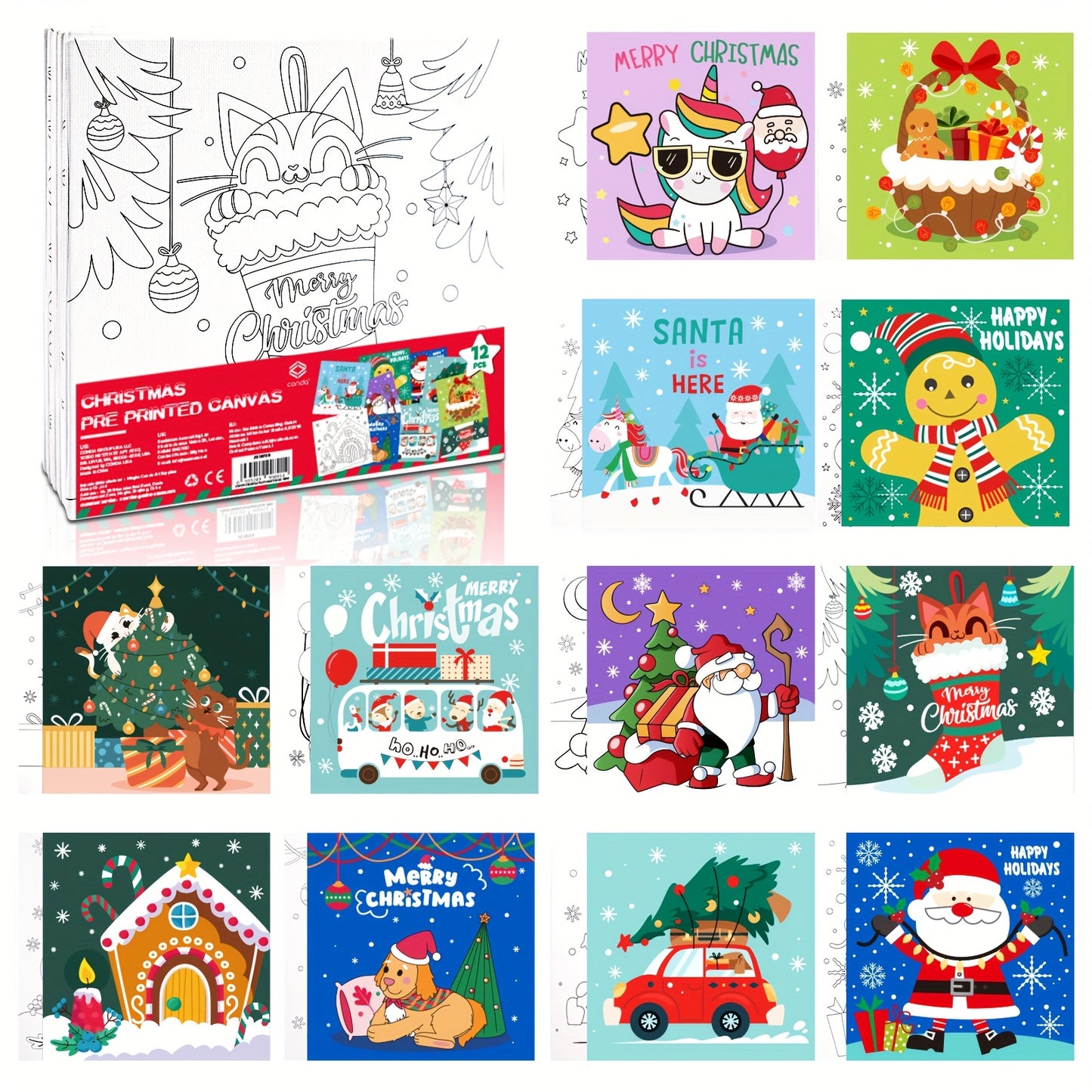 CONDA Pre Printed Canvas For Painting 12pcs 6 X 6 Inch, Pre Drawn Canvas Boards With Christmas Pictures To Paint, Theme Canvas Panels Set, DIY Paint Art Supplies
