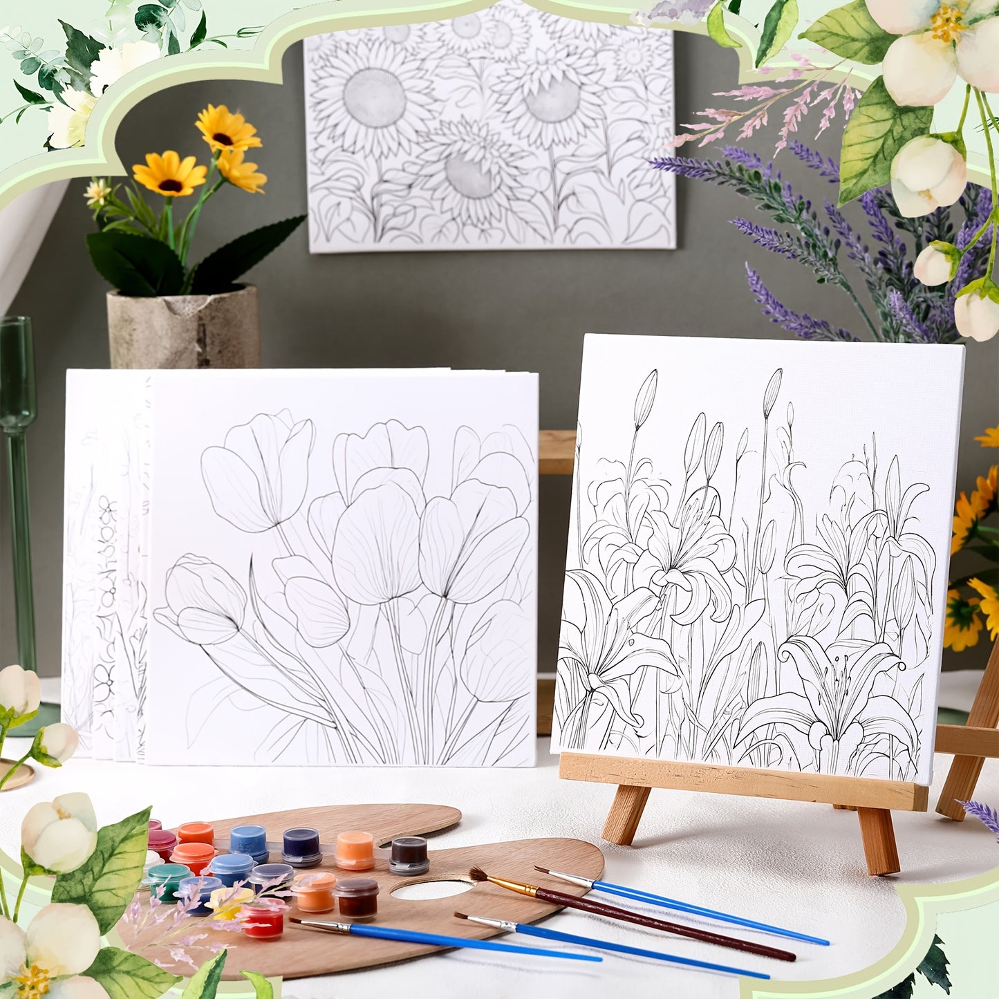 2 Pre Drawn Canvases, Suitable For Adult Painting, 8 X 8 Inch Canvas Painting Set, Stretch Canvas, With Drawing, Can Be Painted Directly, Beginner Artist Date Night Party Supplies (flowers)