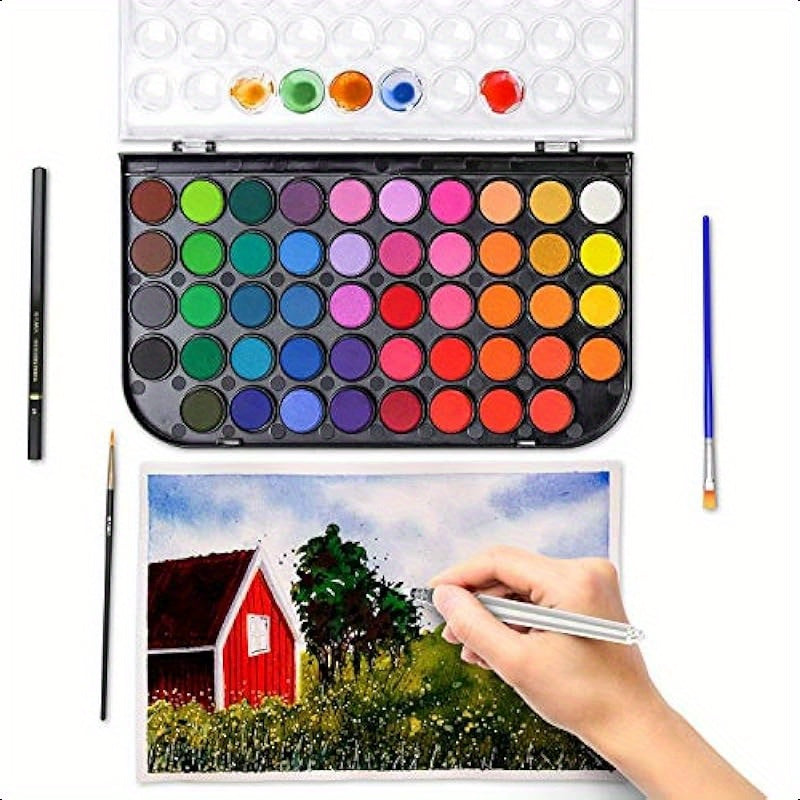 48color Watercolor Paint Set with Brushes Refillable Brush Watercolor Papers Pencil and Removable Mixing Tray Easy Blending and Washable
