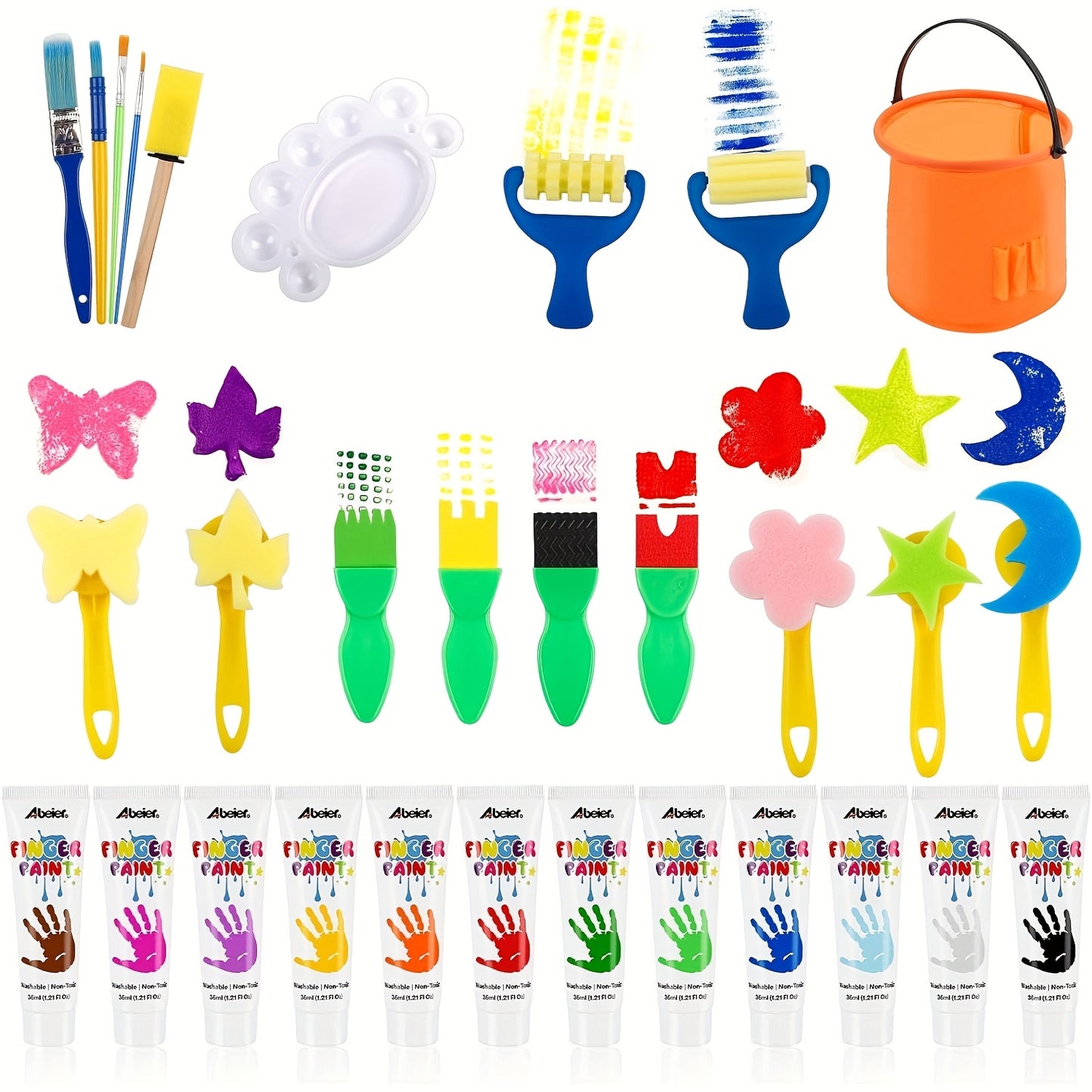 12-Color Finger Paint Set (with/without Tools), 12 Washable & Blendable Bright Colors, Safe & Non - Toxic, Each Tube 2.03oz, Great for Art Projects, Tools Come with 2 Rollers, 5 Sponges, 4 Shovels, 5 Paint Brushes, 1 Palette