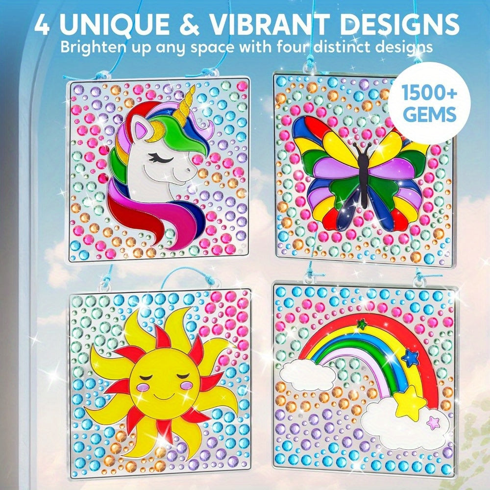 2-in-1 Gems and Gels Suncatcher, 4pcs Window Art, 2 Ways to Play Diamond and Gels, Arts & Crafts Toys for Boys Girls, Christmas Birthday Gifts for Youngsters Age 6 and Up