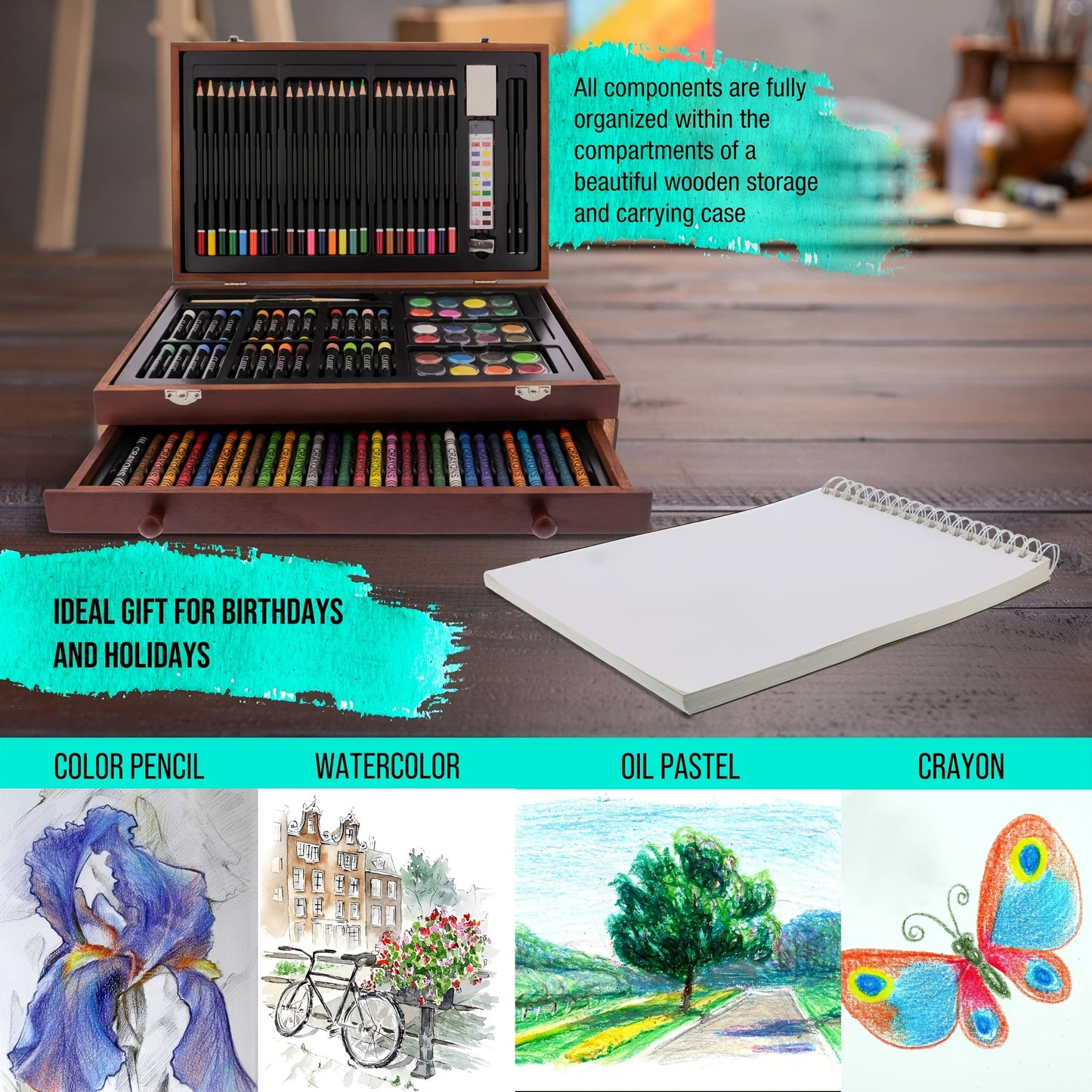 145pcs Of Luxurious Art Sets, Including Wooden Boxes And Painting Tool Kits. Each Set Contains Crayons, Oil Pastels, Colored Pencils, Watercolor Paints, Sketching Pencils, Paintbrushes, Pencil Sharpeners, Erasers, And Color C