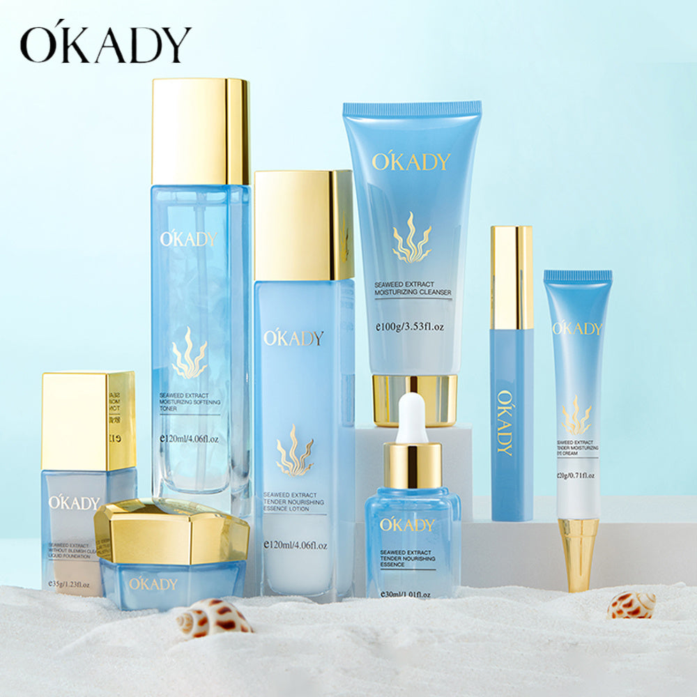 OKADY Sea Essence Hydrating 8pcs Set, Facial Care Set, Chlorella, Sea Fennel Ingredients - Elastic And Bright, Soft, Contains Cleanser, Toner, Serum, Eye Cream, Serum, Cream, Foundation, Lip Glaze, Gift for Ladies, New Year G