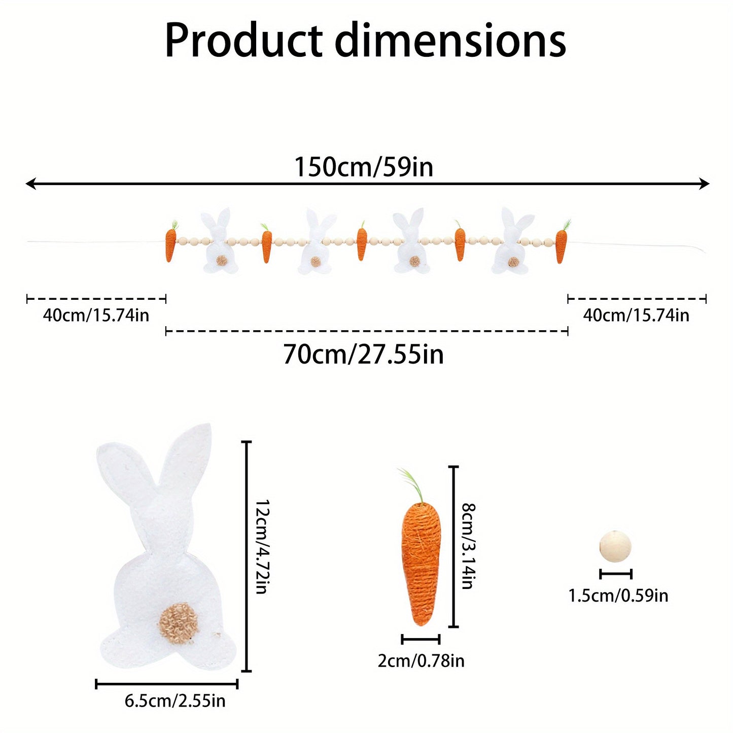 Easter Bunny & Carrot Garland with Wooden Beads – Festive Spring Home Decor, White Rabbit & Carrot Ornaments, No Power Needed, Plastic Material
