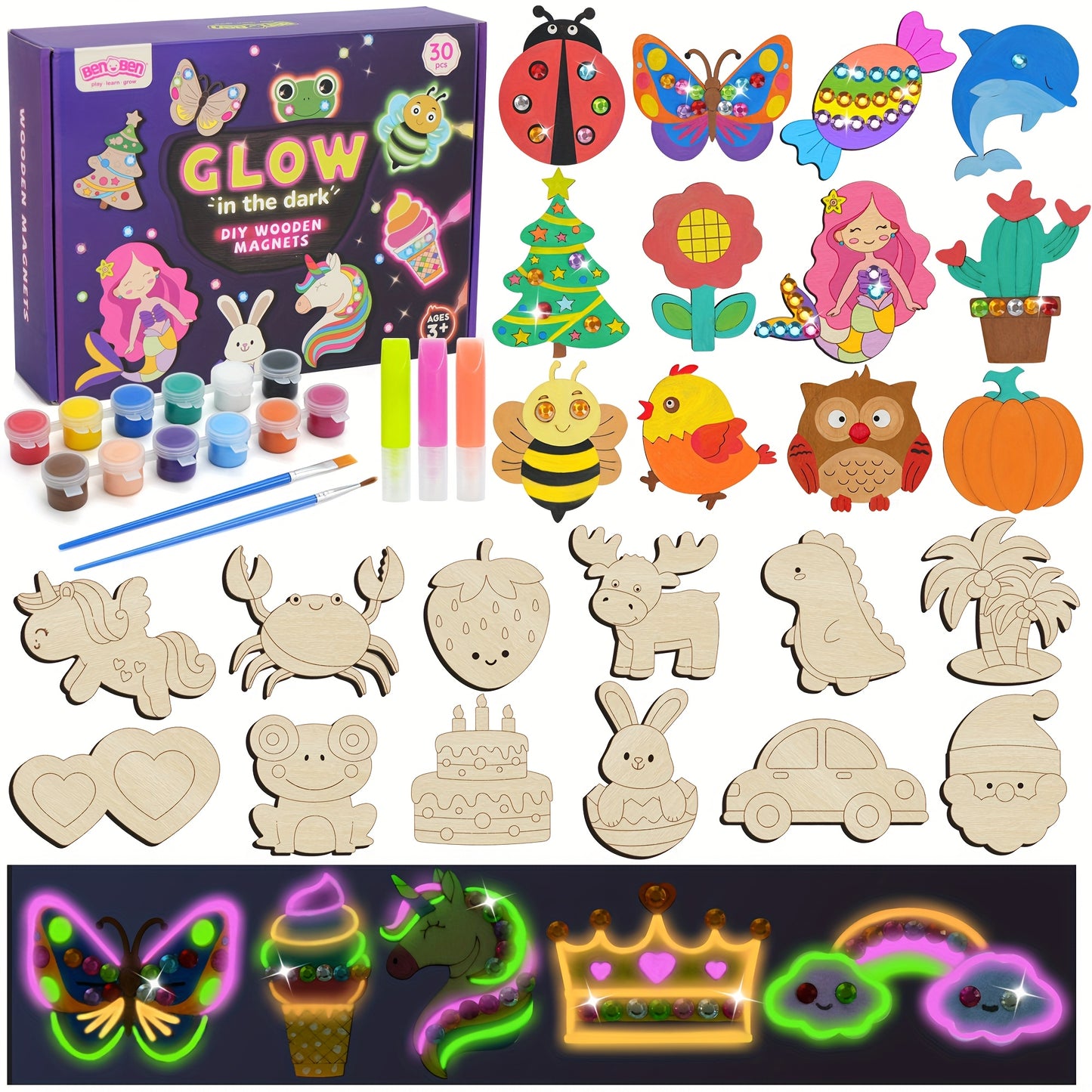 Wooden Magnets Painting Kit - Glow In The Dark - Arts & Crafts Supplies Painting Kit For Kids 6-8 8-12 Family Crafts And Birthday Christmas Activities, Party Favors For Boys Girls Ages 4 5 6 7 8 9