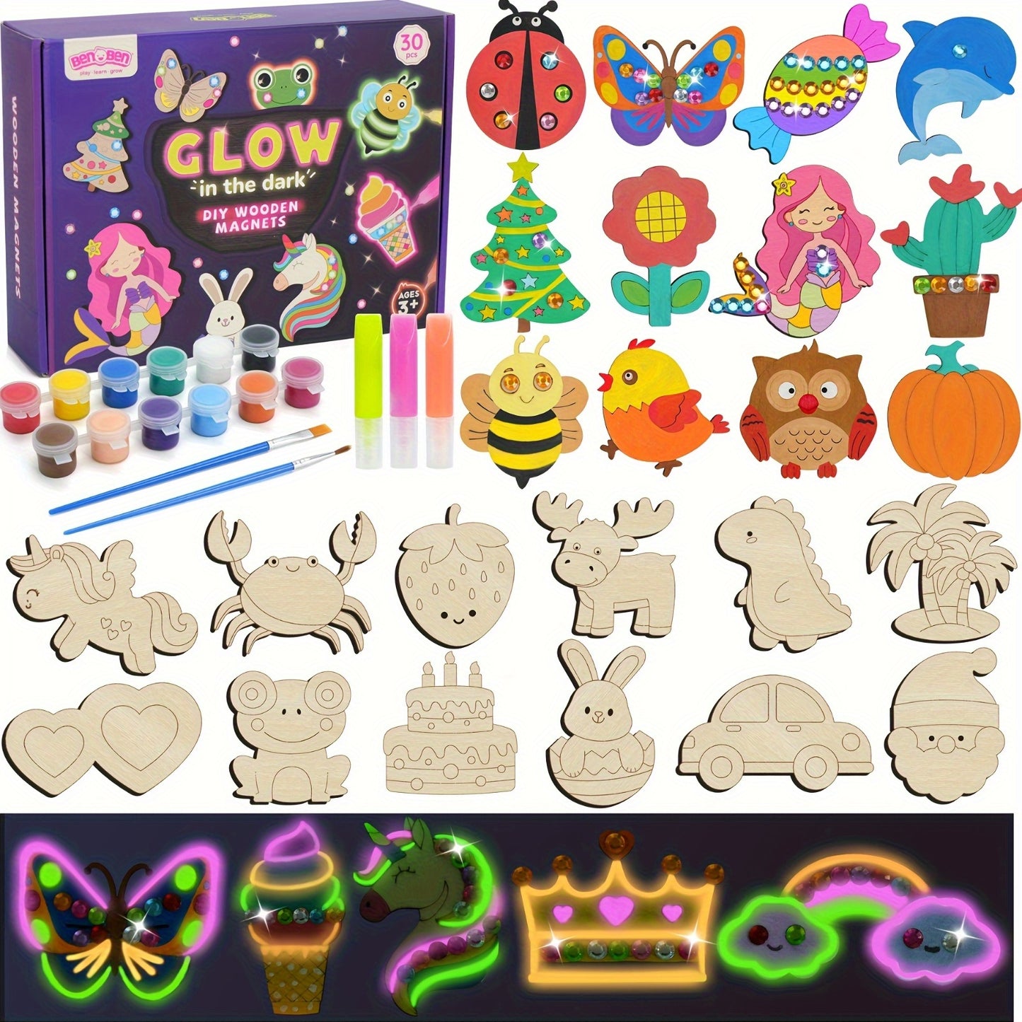 Wooden Magnets Painting Kit - Glow In The Dark - Arts & Crafts Supplies Painting Kit For Kids 6-8 8-12 Family Crafts And Birthday Christmas Activities, Party Favors For Boys Girls Ages 4 5 6 7 8 9