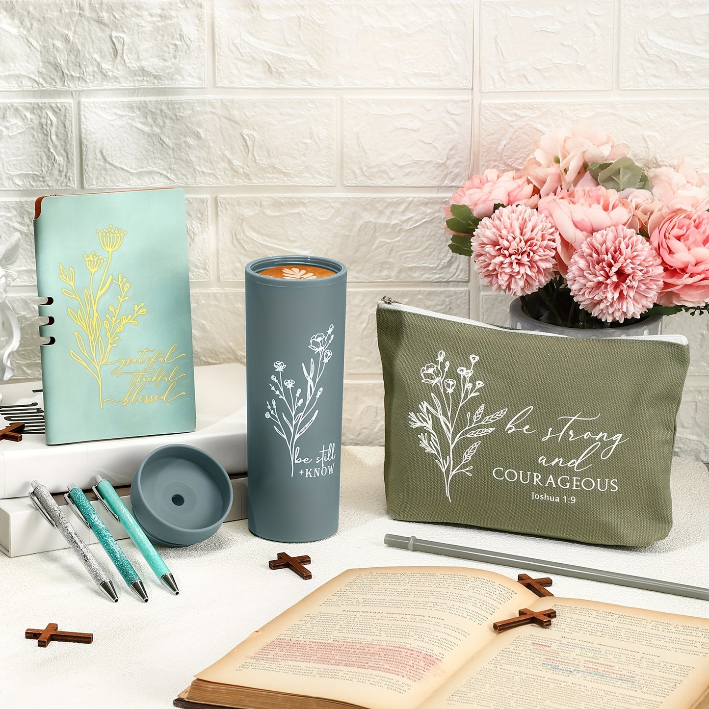 6pcs Christian Gift for Women Includes Bible Religious Notebook And Pens Set Be Still And Know Tumbler Be Strong And Courageous Makeup Bag Scripture Faith Gift for Women