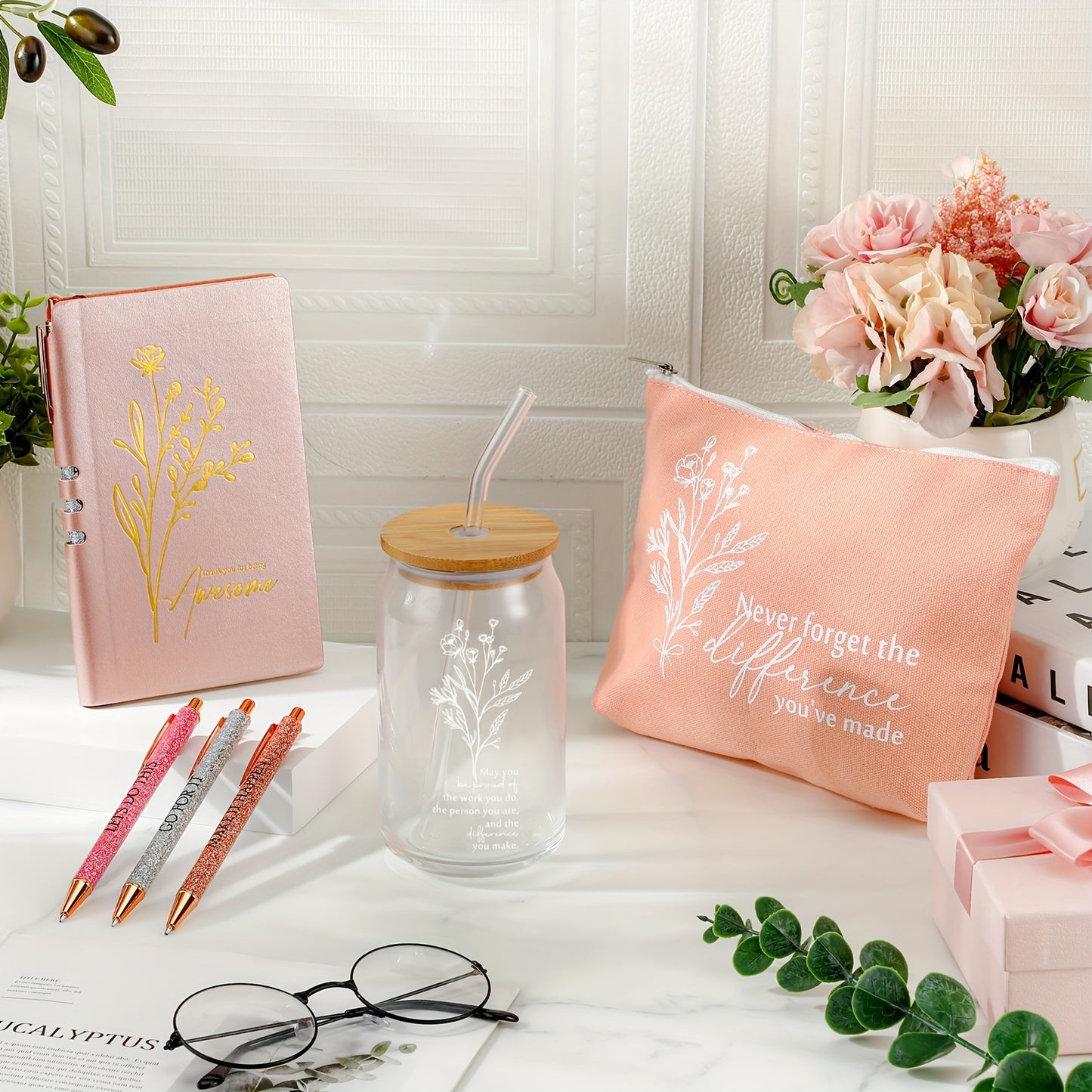 6pcs Employee Appreciation Gift Set for Women Thank You Gift May You Be Proud 17oz Aesthetic Glass Tumbler Makeup Bag Journal Ballpoint for Teacher Nurse Lady Business
