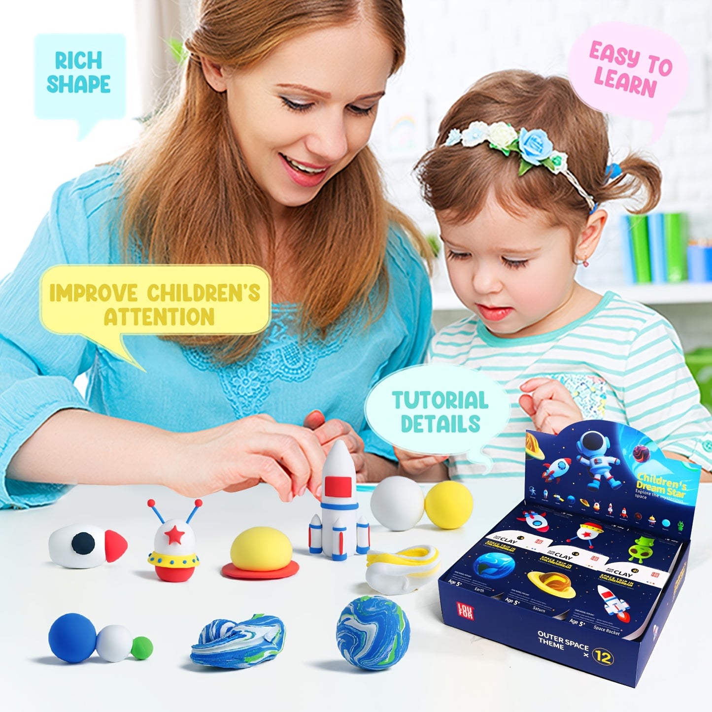Air Dly Clay Kit, Space Trip In Childrendream Air Drying Clay For Kids 12 Boxes, DIY Magic Clay Set, Ultra Light Modeling Clay, Air Drying Clay Process Easy To Use Accessories, Tools