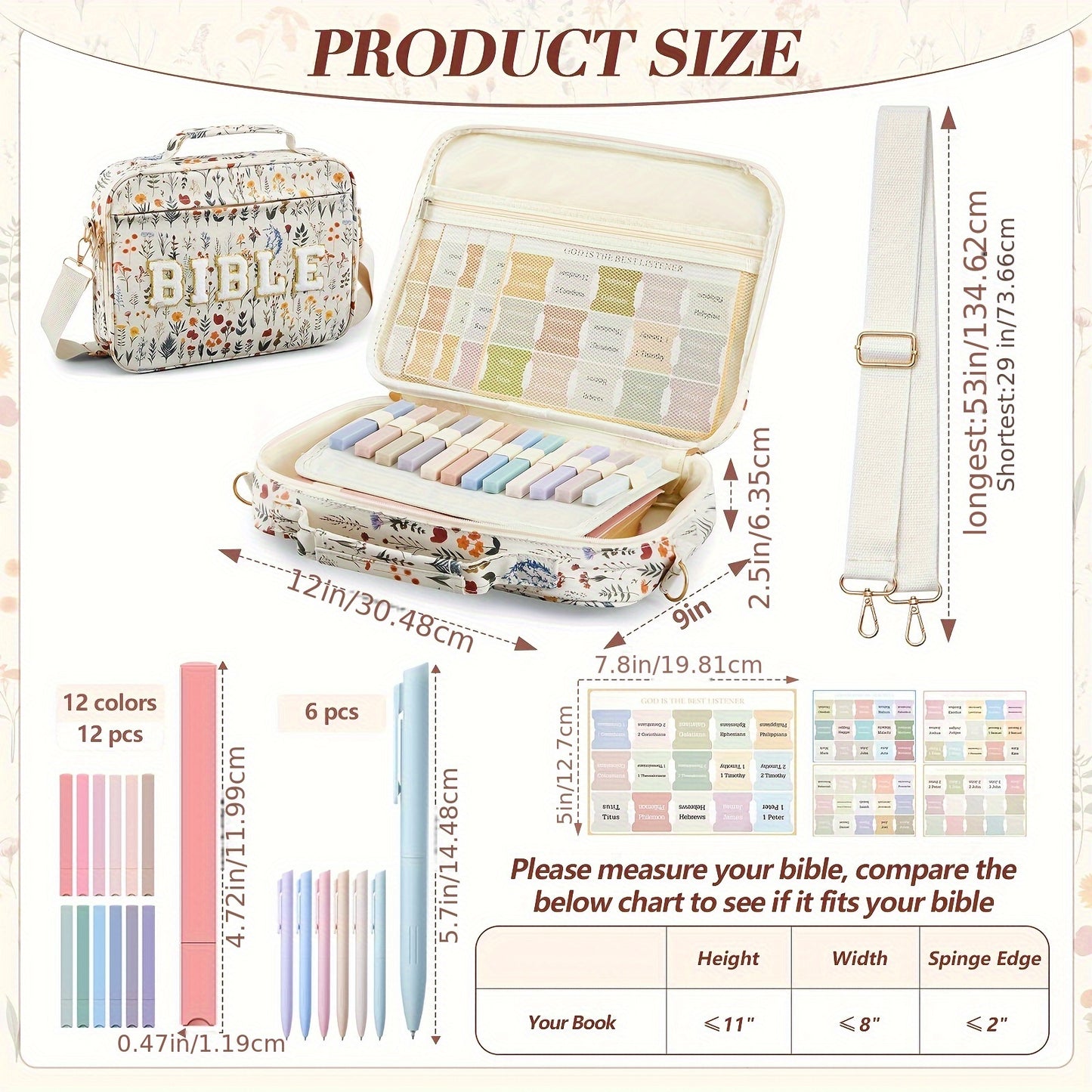 Large Bible Cover Case For Women, 12 X 9 X 2.5 Chenille Letter Faux Leather Bible Cover With Bible Tabs 6 Colored Gel Pen 12 Highlighters Bible Case With Shoulder Strap For Study Bible Bag Gifts