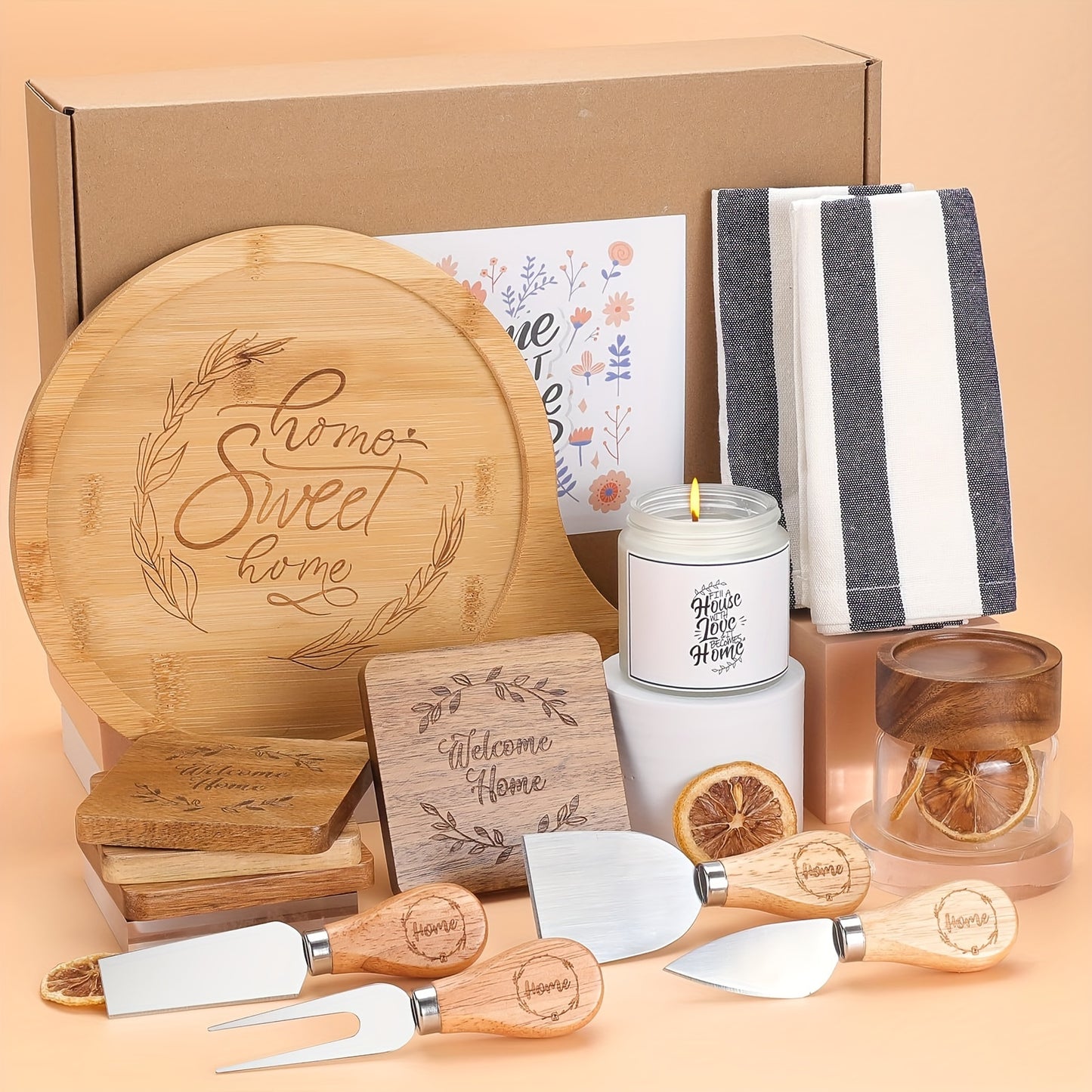 House Warming Gifts New Home, Housewarming Gifts for New House, Housewarming Gift Baskets for Couple, New Home Gifts for Home, Home Sweet Home Bamboo Serving Board Coasters for New Home Couple Women Men