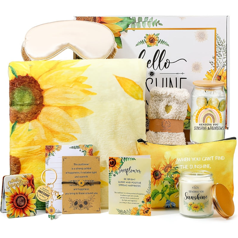 [Sunflower Gift] 13pcs Sunflower Gift Set | Mother's Day Gifts For Women, Get Well Soon Self Care Package With Glass Blanket Thinking Of You Birthday Holiday For Mom Wife Teacher Sister
