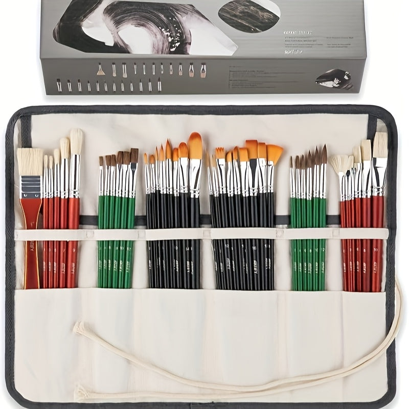 ARTIFY 41pcs Professional Paint Brush Set with Fine Point, Quick Drying Wood Handles, Premium Hog Bristle & Horse Hair, Nylon Brushes, Long Handle, Canvas Roll Case for Acrylic, Watercolor, Gouache