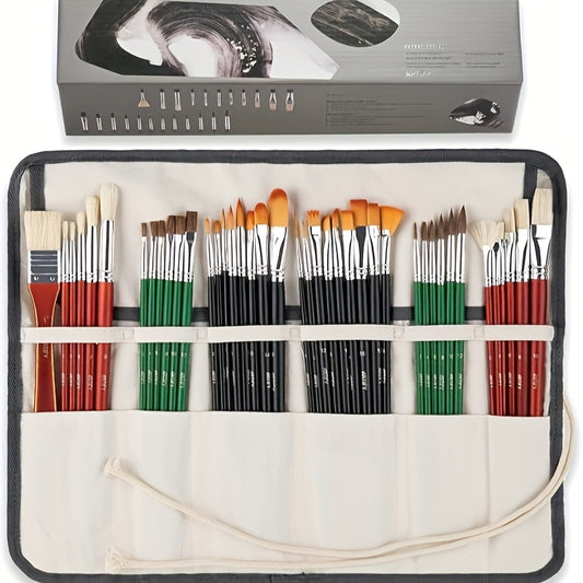 ARTIFY 41pcs Professional Paint Brush Set with Fine Point, Quick Drying Wood Handles, Premium Hog Bristle & Horse Hair, Nylon Brushes, Long Handle, Canvas Roll Case for Acrylic, Watercolor, Gouache