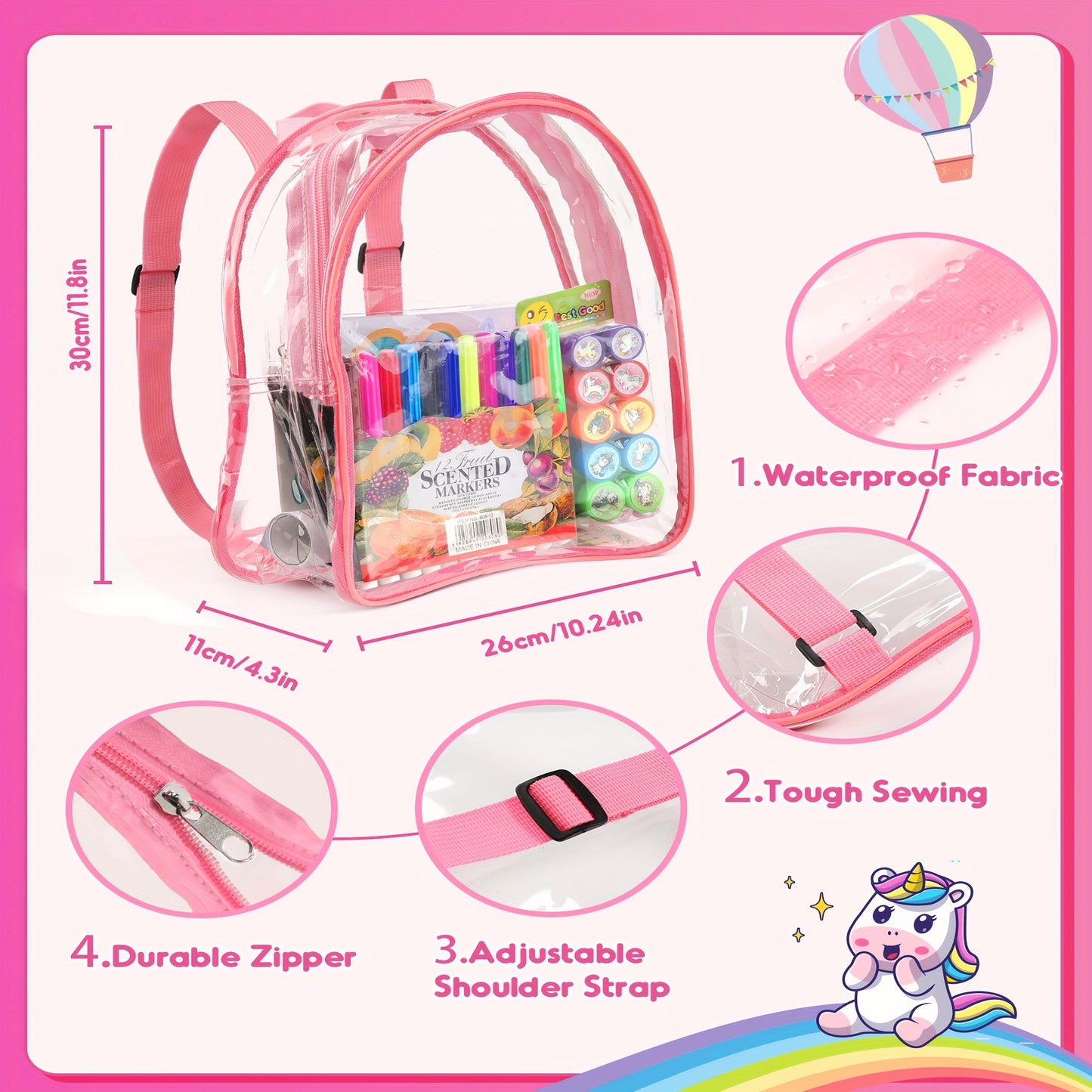 D-FantiX Art Supplies Clear Backpack for kids, 51pcs DIY Coloring Craft Kits with Scratch Art Paper and Stickers, Road Trip Activities for Youngsters, Creative Birthday Gift for Girls