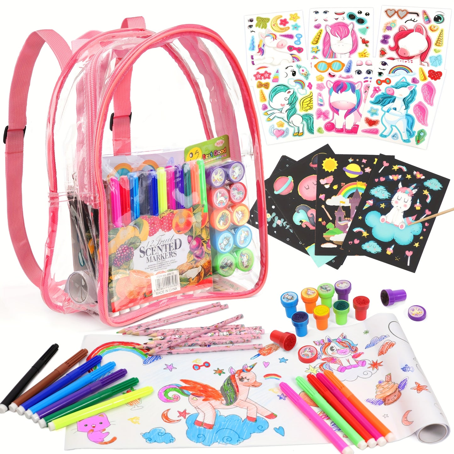 D-FantiX Art Supplies Clear Backpack for kids, 51pcs DIY Coloring Craft Kits with Scratch Art Paper and Stickers, Road Trip Activities for Youngsters, Creative Birthday Gift for Girls