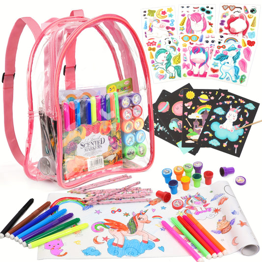 D-FantiX Art Supplies Clear Backpack for kids, 51pcs DIY Coloring Craft Kits with Scratch Art Paper and Stickers, Road Trip Activities for Youngsters, Creative Birthday Gift for Girls