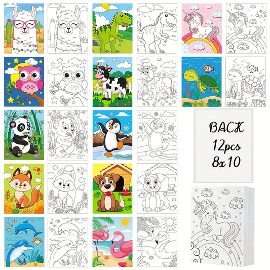 12pcs Pre Drawn Canvas For Painting Pre Printed Cute Bulk Painting Canvas With Pictures To Paint Gift For Valentines Party Favor Activities (Animals, 10" X 8")